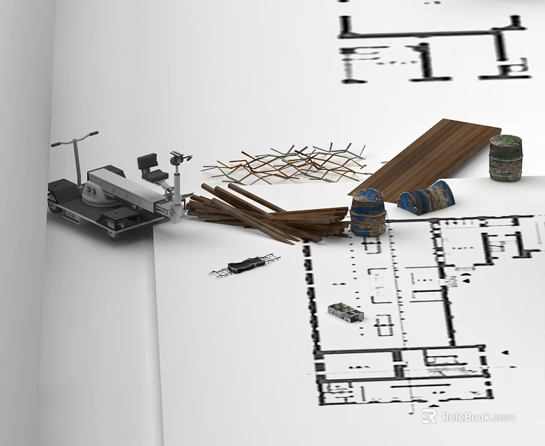 Wooden Planks And Construction Tools On Architectural Plans With Tape Measure Pencils And Spools 3d model 