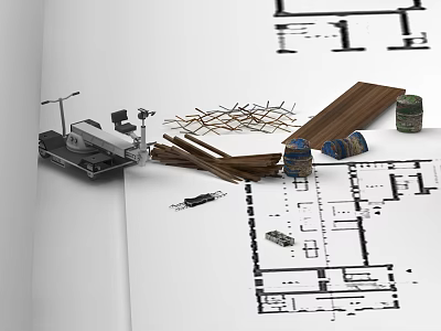 Wooden Planks And Construction Tools On Architectural Plans With Tape Measure Pencils And Spools 3d model