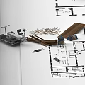 Wooden Planks And Construction Tools On Architectural Plans With Tape Measure Pencils And Spools