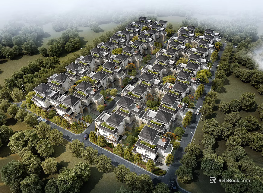 Scenic Detached Villas Community With Lush Green Trees And Neat Road Layout 3d model 