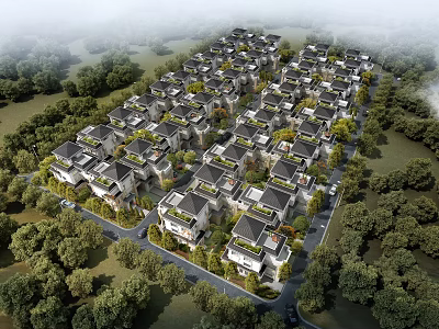 Scenic Detached Villas Community With Lush Green Trees And Neat Road Layout 3d model