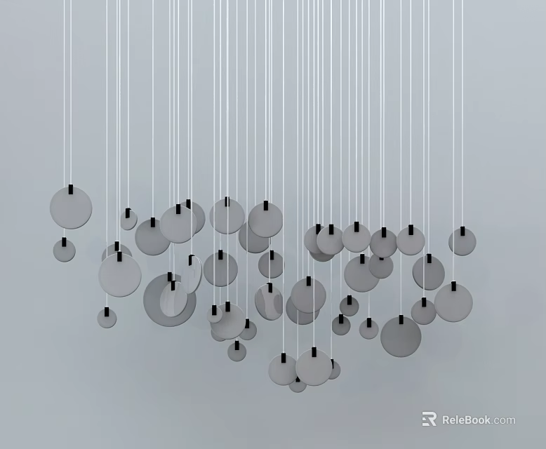 Modern Chandelier With Circular Metal Pieces of Various Sizes in Irregular Arrangement Against White Background 3d model 