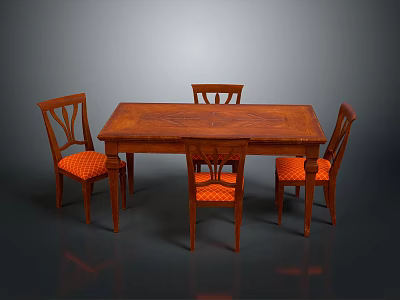 Classic Wooden Dining Table Set With Four Chairs And Orange Fabric Seats 3d model