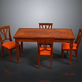 Classic Wooden Dining Table Set With Four Chairs And Orange Fabric Seats