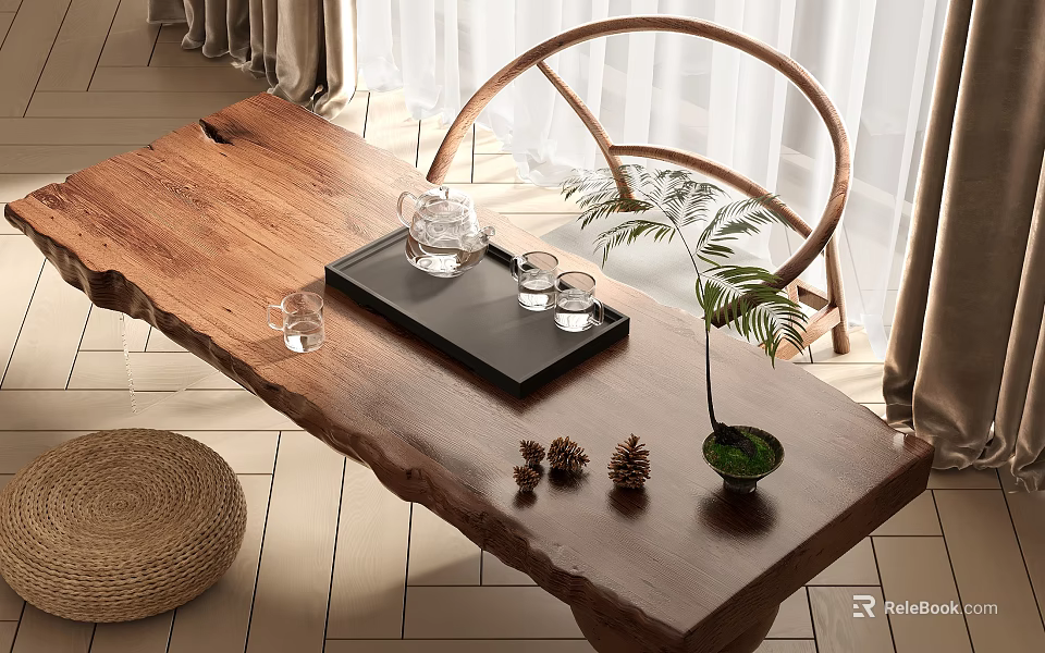 Rustic Wooden Tea Table and Round Chair with Teapot Glass Cups and Small Plant 3d model 