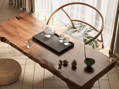 Rustic Wooden Tea Table and Round Chair with Teapot Glass Cups and Small Plant 3d model