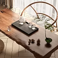 Rustic Wooden Tea Table and Round Chair with Teapot Glass Cups and Small Plant