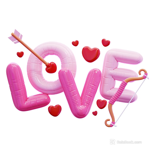Decorative Ornament Set With Pink LOVE Balloon Letters Bow And Arrow Red Hearts 3d model 