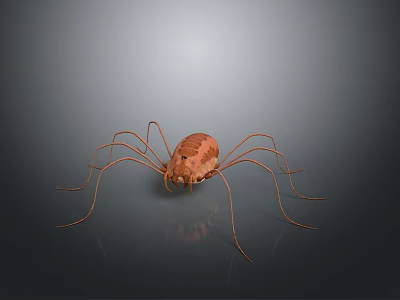Realistic Brown Spider With Long Legs On Dark Reflective Surface 3d model