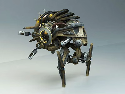 Futuristic Mechanical Exhibit In Technology Exhibition Hall With Gears Metal Parts And Mechanical Legs 3d model