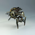 Futuristic Mechanical Exhibit In Technology Exhibition Hall With Gears Metal Parts And Mechanical Legs
