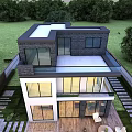 Modern Detached Villa Exterior With Large Glass Windows Balcony Garden Lawn And Stone Pathway