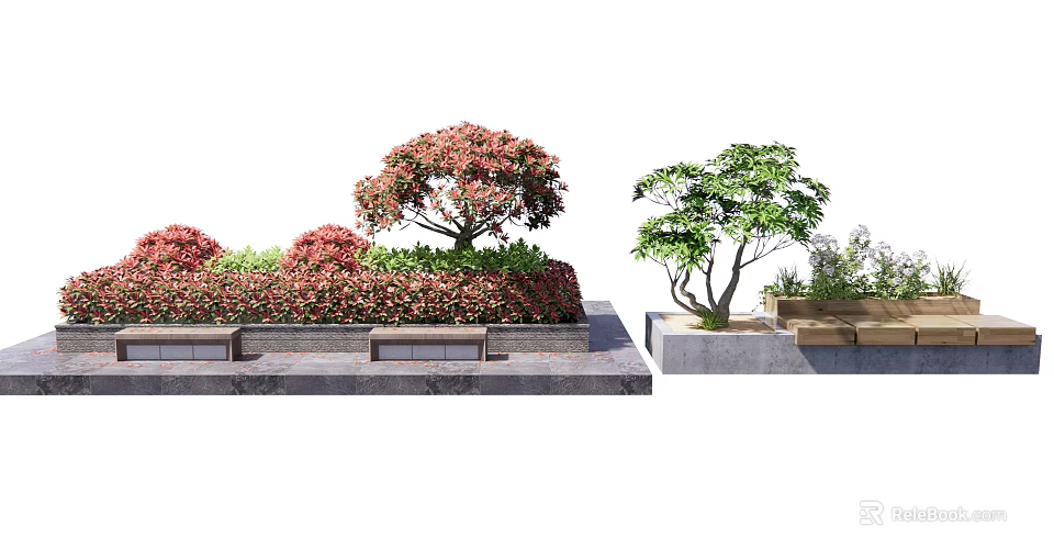 Scenic Landscape Seats With Stone Platform Red Flowers And Green Trees 3d model 