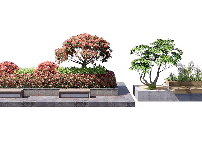 Scenic Landscape Seats With Stone Platform Red Flowers And Green Trees 3d model