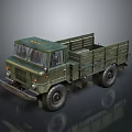 Military Truck in Military Green with Open Cargo Bed and Large Tires