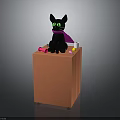 Black Cat With Green Eyes Purple Cape Sitting On Orange Cube With Pink Yellow Objects