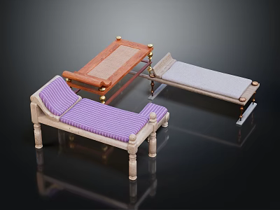 Wooden Table And Benches Set With Gold Legs Purple Gray Striped Cushions 3d model