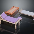 Wooden Table And Benches Set With Gold Legs Purple Gray Striped Cushions