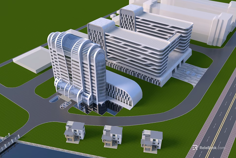 Modern Office Complex With Glass Facade Multiple Structures And Green Surroundings 3d model 