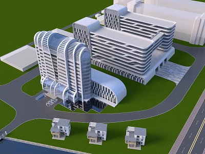 Modern Office Complex With Glass Facade Multiple Structures And Green Surroundings 3d model