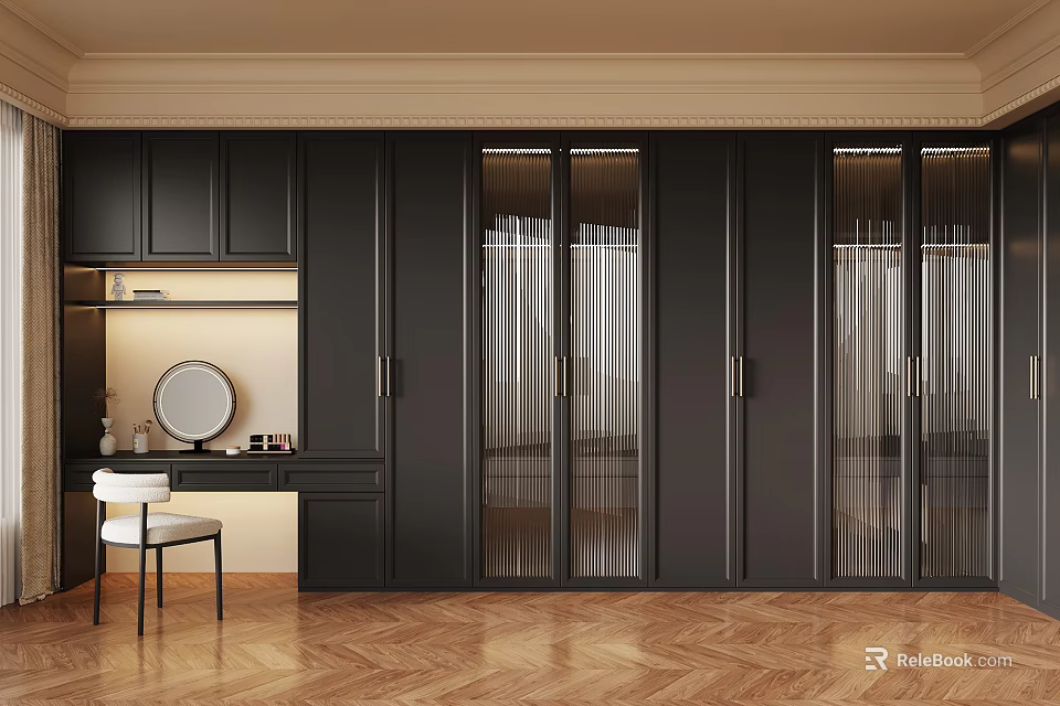 Modern Walk in Closet Design with Black Cabinets Glass Doors Dressing Table Mirror White Chair 3d model 