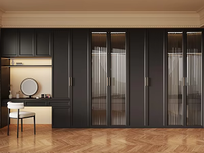 Modern Walk in Closet Design with Black Cabinets Glass Doors Dressing Table Mirror White Chair 3d model