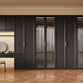 Modern Walk in Closet Design with Black Cabinets Glass Doors Dressing Table Mirror White Chair