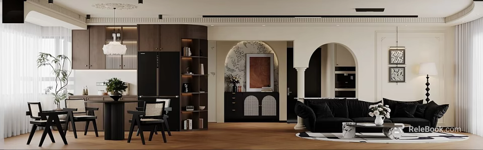 Elegant Retro Living And Dining Room Interior With Warm Wood Floor And Chic Arched Design 3d model 