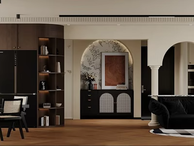 Elegant Retro Living And Dining Room Interior With Warm Wood Floor And Chic Arched Design 3d model