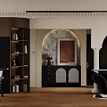 Elegant Retro Living And Dining Room Interior With Warm Wood Floor And Chic Arched Design