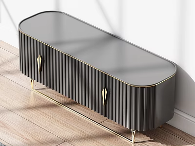 Elegant Modern Dark Gray TV Stand Featuring Vertical Stripes and Gold Legs 3d model
