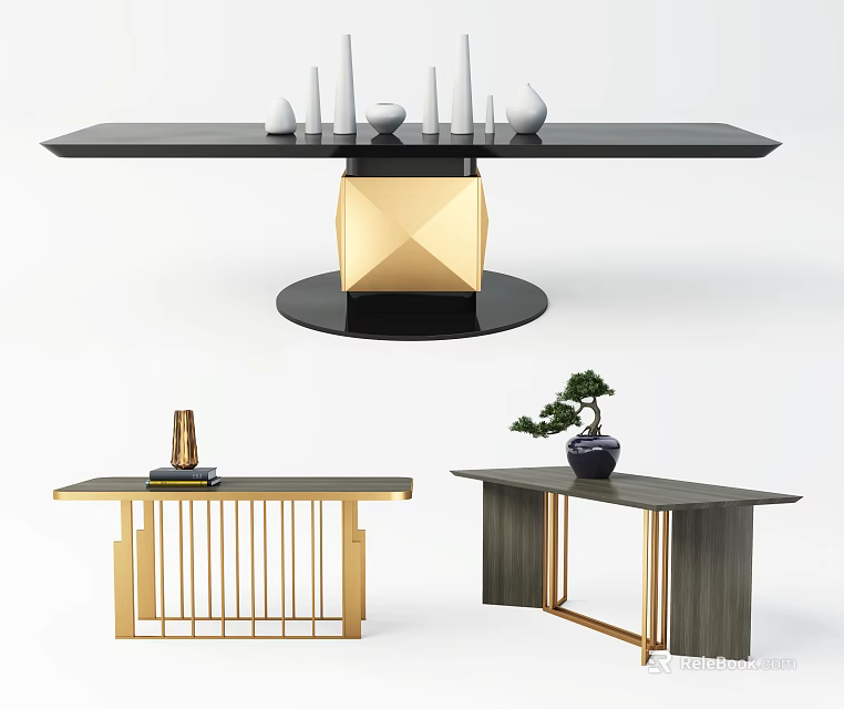 Modern Console Table Design With Gold Frame Marble Top And Decorative Ornaments 3d model