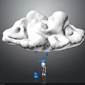 White Cloud With Falling Water Droplets Little Figure And Small Blue Object On Dark Background