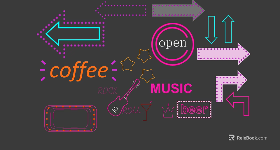Neon Decorative Lights Featuring Arrow Coffee Music Open Sign and Star Designs 3d model 