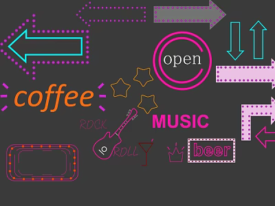 Neon Decorative Lights Featuring Arrow Coffee Music Open Sign and Star Designs 3d model