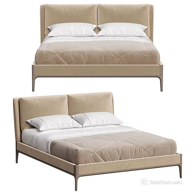 Modern Upholstered Double Bed With Beige Headboard And Soft White Pillows 3d model