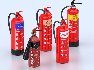 Fire Safety Equipment Various Types Including CO2 Foam Water and Dry Powder 3d model