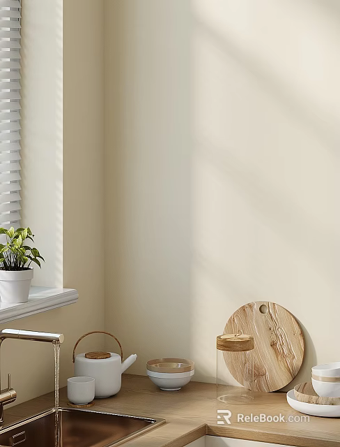 Light Beige Kitchen Corner With Green Plant Wooden Cutting Board And Appliances 3d model 