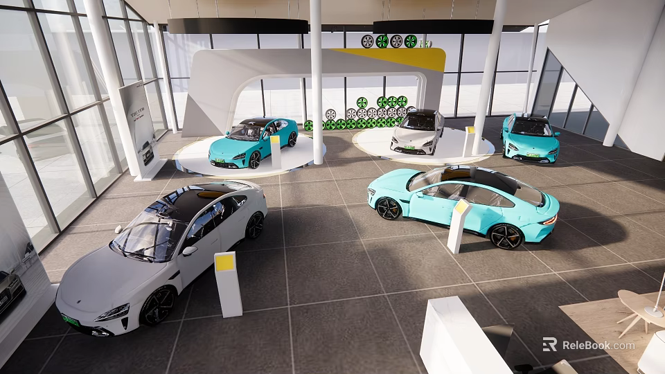 Modern Car Showroom Display With Multiple Colored Cars And Spacious Interior Design 3d model 
