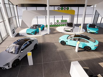 Modern Car Showroom Display With Multiple Colored Cars And Spacious Interior Design 3d model
