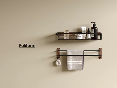 Wall Mounted Bathroom Shelf With Toiletries Containers And Grey Striped Towel On Beige Wall 3d model