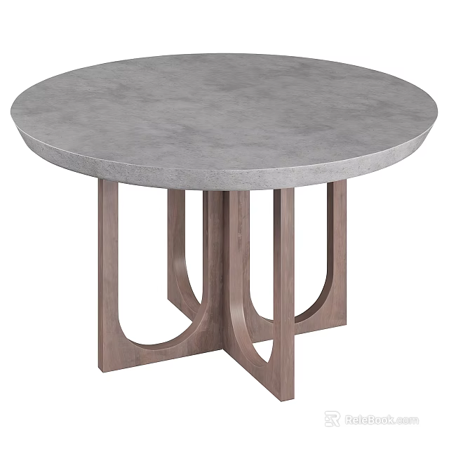 Round Gray Concrete Dining Table With Modern Minimalist Wooden Legs Design 3d model 