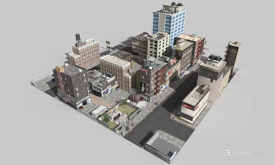 Urban Building Components Showcasing Diverse Facades Windows And Street Design 3d model 