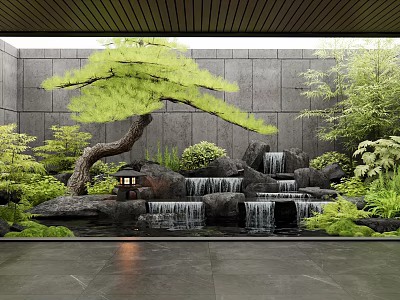 Serene Water Fountain With Waterfalls Green Plants Pine Tree Rocks Gray Wall Dark Stone Floor 3d model