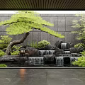 Serene Water Fountain With Waterfalls Green Plants Pine Tree Rocks Gray Wall Dark Stone Floor