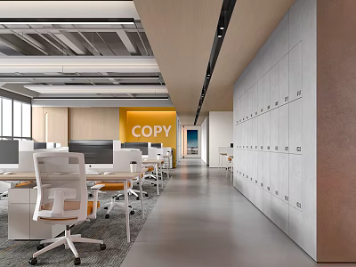 Spacious Modern Public Office Space Featuring White Chairs Desks Yellow COPY Wall And Lockers 3d model