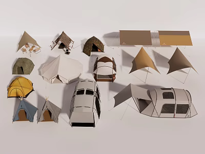 Various Camping Tents With Different Designs And Colors For Outdoor Use 3d model