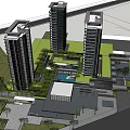 Modern Sales Office Building With Glass Curtain Walls Water Pond And Greenery
