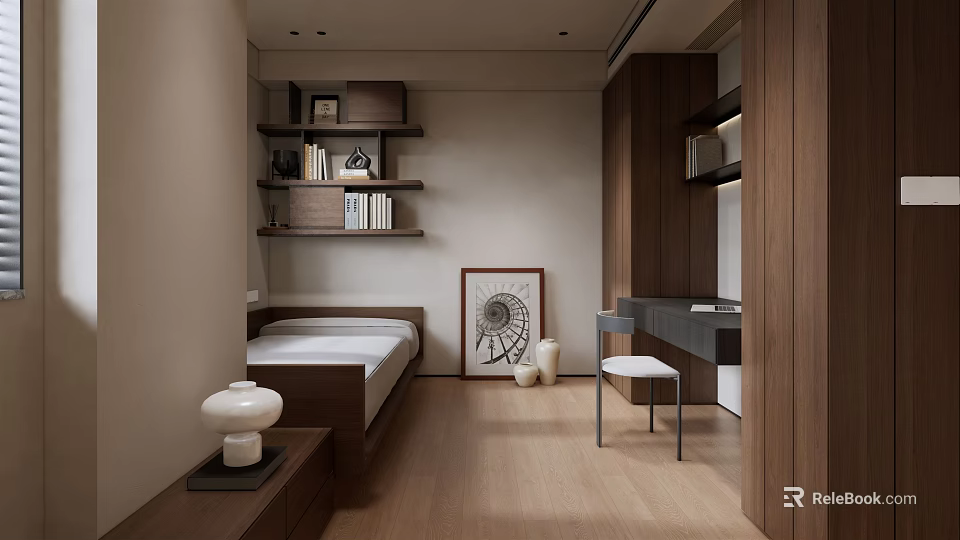 Minimalist Tatami Bedroom With Wooden Storage Bed Shelves Desk And Decorative Painting 3d model 