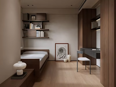 Minimalist Tatami Bedroom With Wooden Storage Bed Shelves Desk And Decorative Painting 3d model